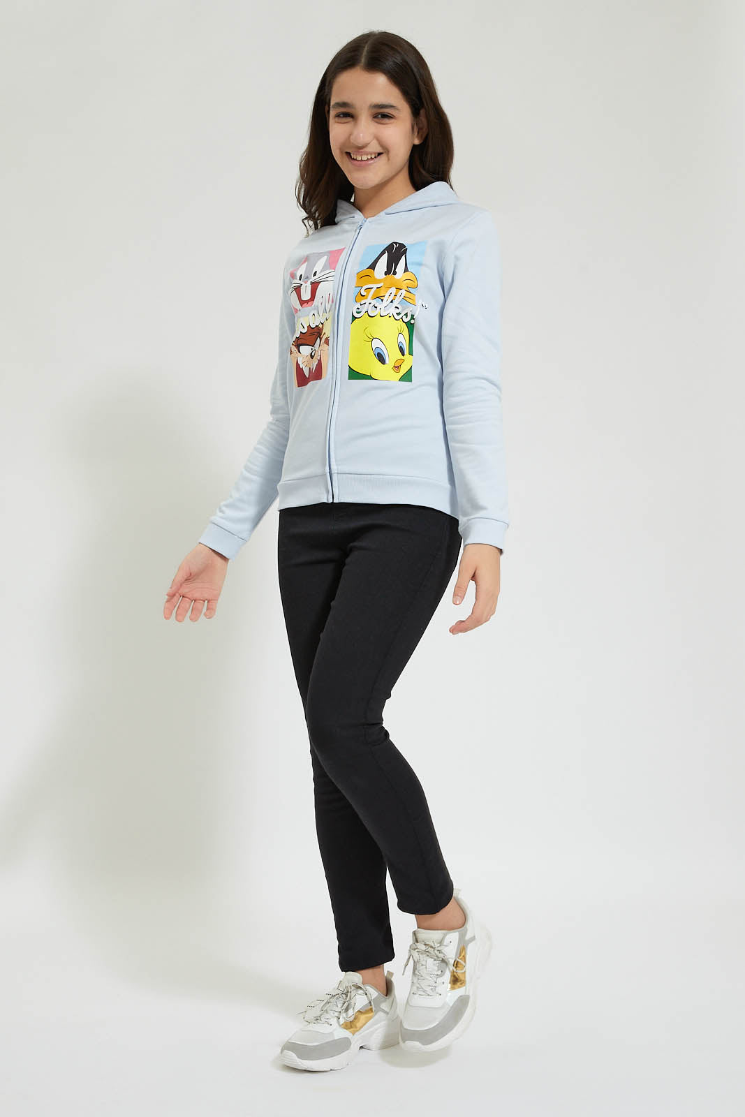 Redtag-Light-Blue-Chr-Looney-Tunes--Hooded-Zipthrough-Sweatshirt-Colour:Blue,-Filter:Senior-Girls-(9-to-14-Yrs),-GSR-Sweatshirts,-New-In,-New-In-GSR,-Non-Sale,-Section:Kidswear,-TBL,-W21B-Senior-Girls-9 to 14 Years