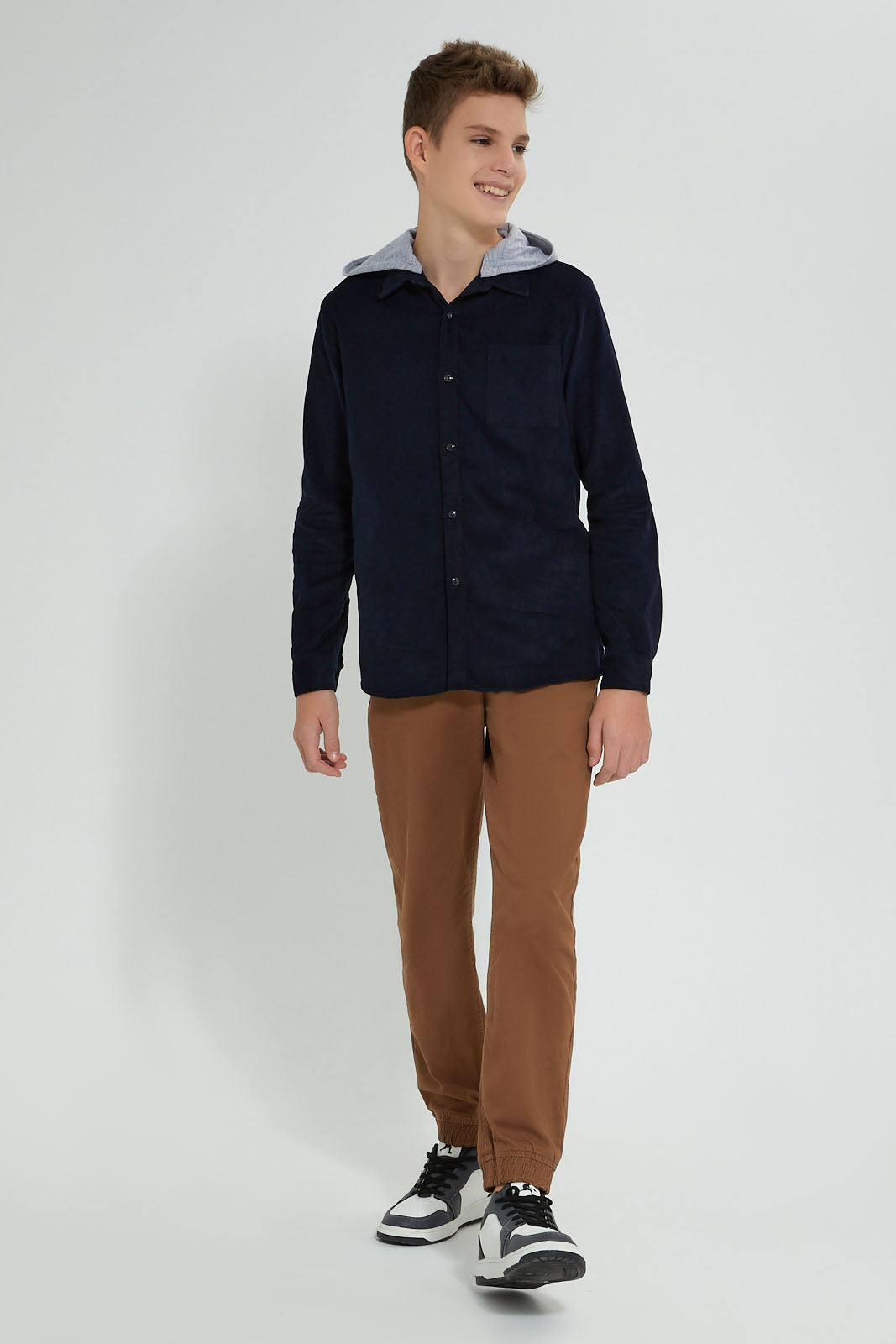 Redtag-Navy-Corduroy-Hoody-Casual-Shirt-Casual-Shirts-Senior-Boys-9 to 14 Years