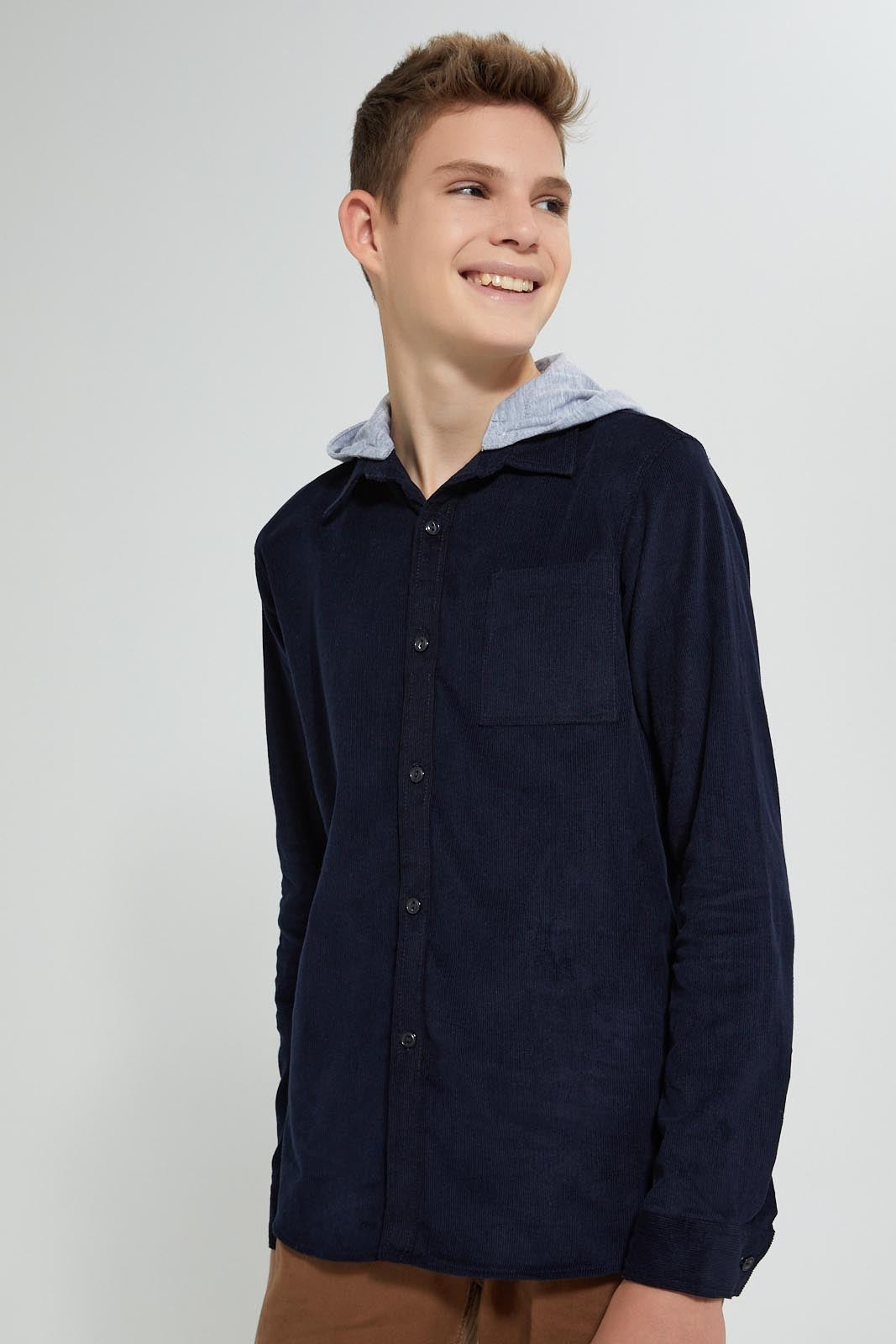 Redtag-Navy-Corduroy-Hoody-Casual-Shirt-Casual-Shirts-Senior-Boys-9 to 14 Years