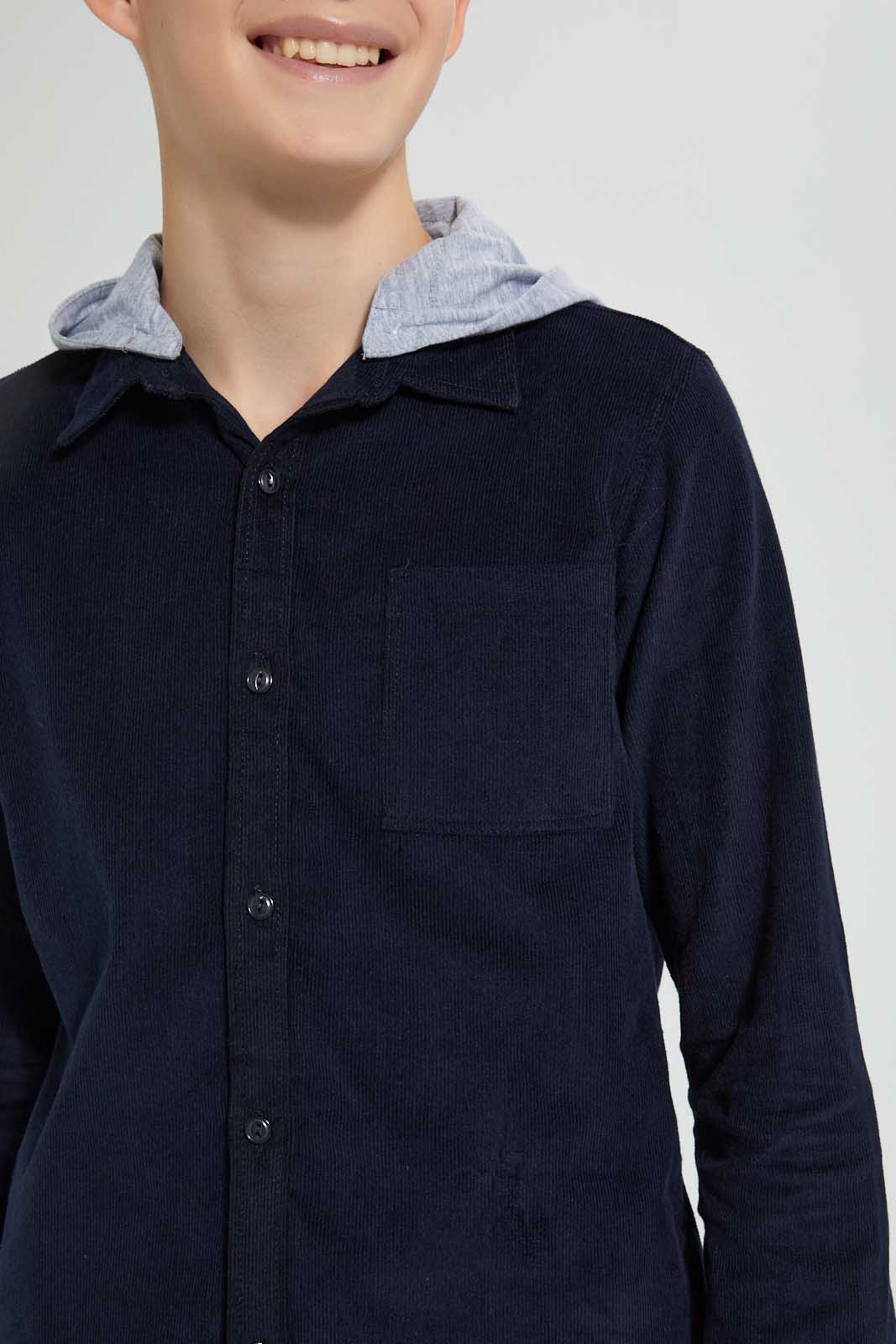 Redtag-Navy-Corduroy-Hoody-Casual-Shirt-Casual-Shirts-Senior-Boys-9 to 14 Years