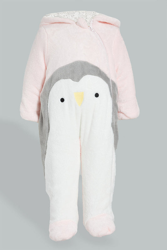 Redtag-Pink-Penguin-Fluffy-Padded-Pram-Suit-Coats-Baby-0 to 12 Months
