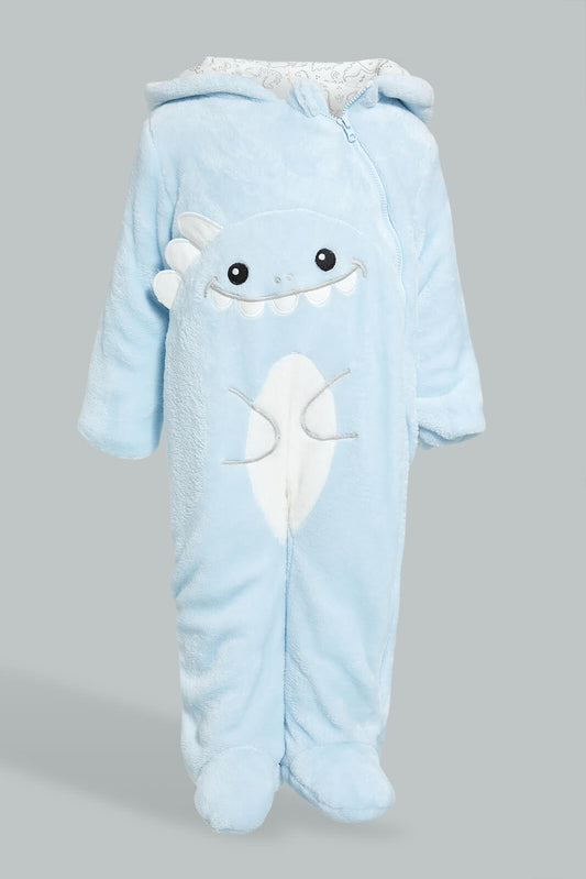Redtag-Blue-Baby-Shark-Fluffy-Padded-Pram-Suit-Coats-Baby-0 to 12 Months