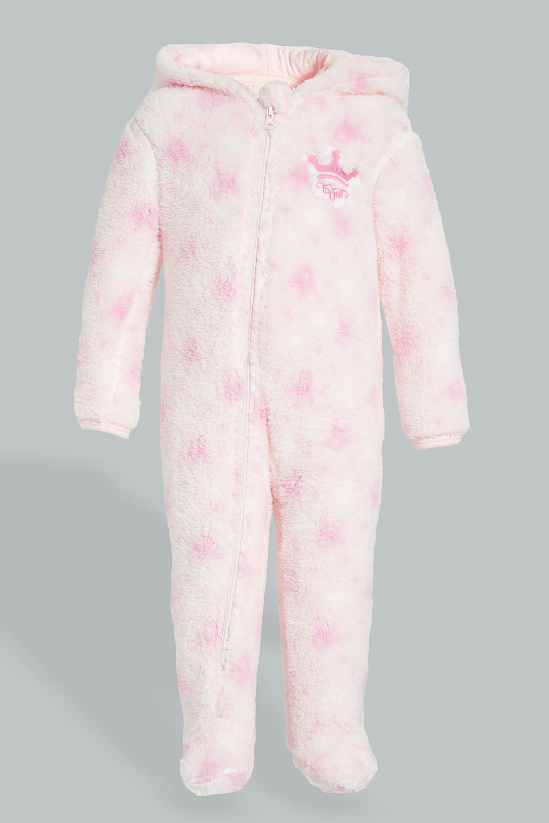 Redtag-Pink-Crown--Hooded-Fluffy-Coat-Coats-Baby-0 to 12 Months
