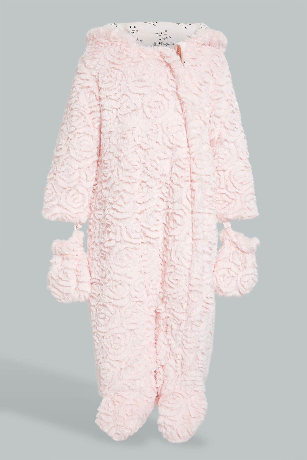 Redtag-Pink-Fur-Paded-Pramsuit-With-Mittens-Coats-Baby-0 to 12 Months