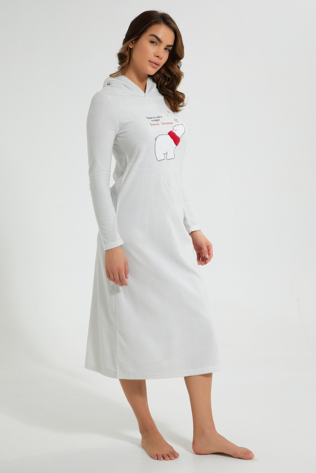 Redtag-Grey-Melange-Placement-Printed-Nightgown-With-Hoodie-Nightgowns-Women's-