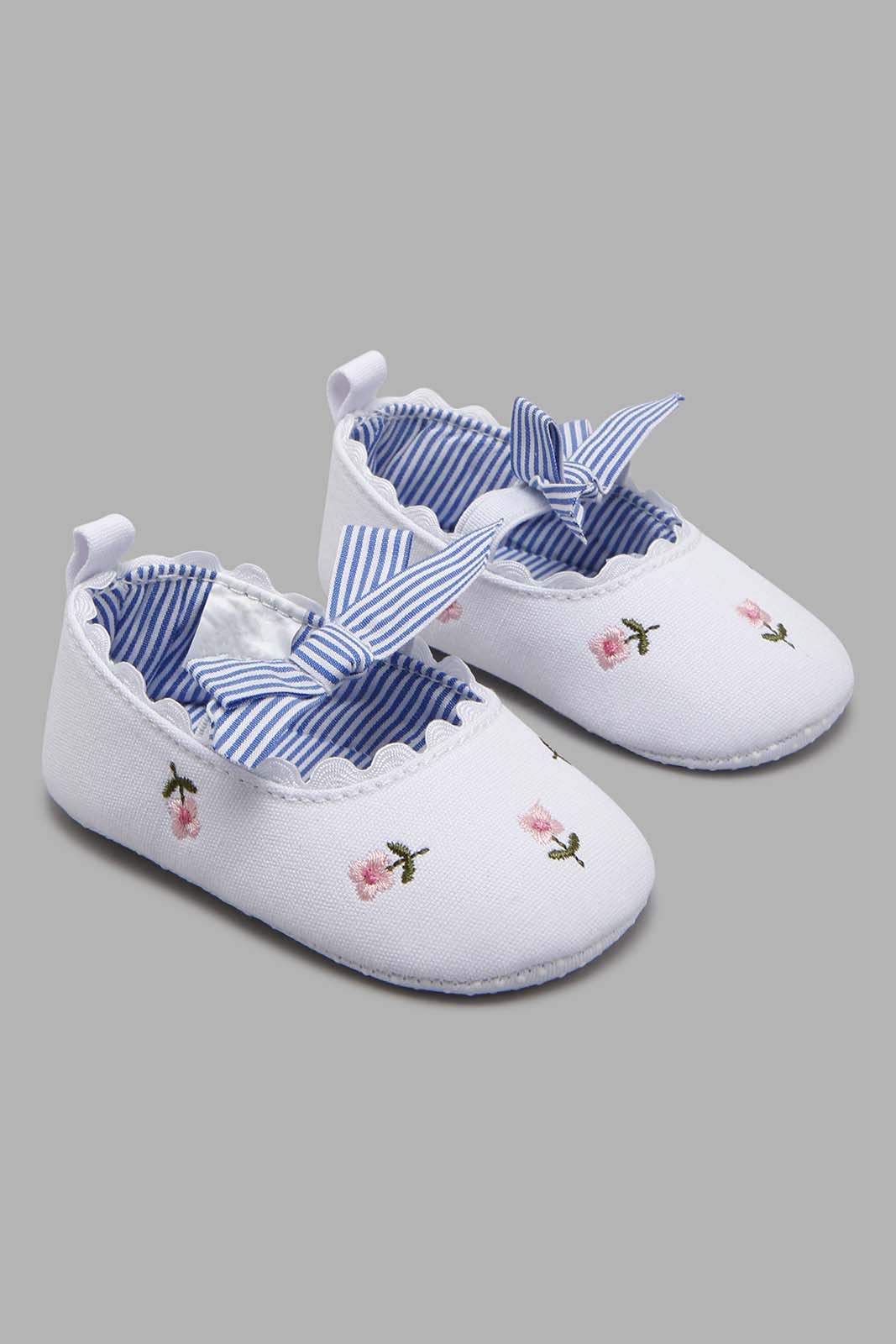 Redtag-White-Pram-Shoe-With-Floral-Print-Pumps-Baby-0 to 18 Months