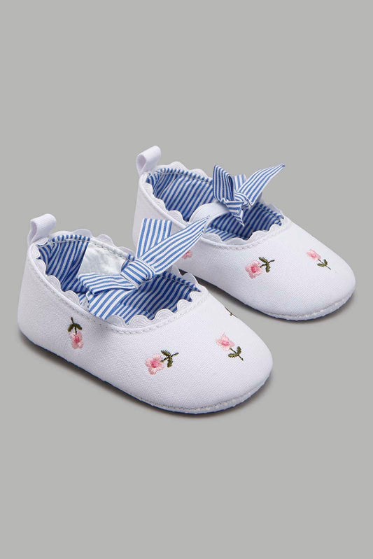 Redtag-White-Pram-Shoe-With-Floral-Print-Pumps-Baby-0 to 18 Months