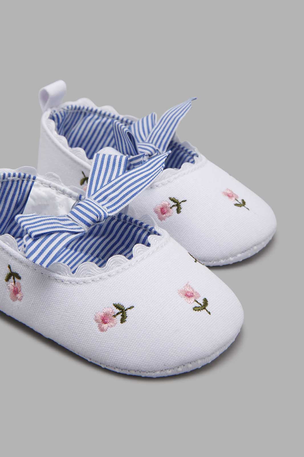 Redtag-White-Pram-Shoe-With-Floral-Print-Pumps-Baby-0 to 18 Months
