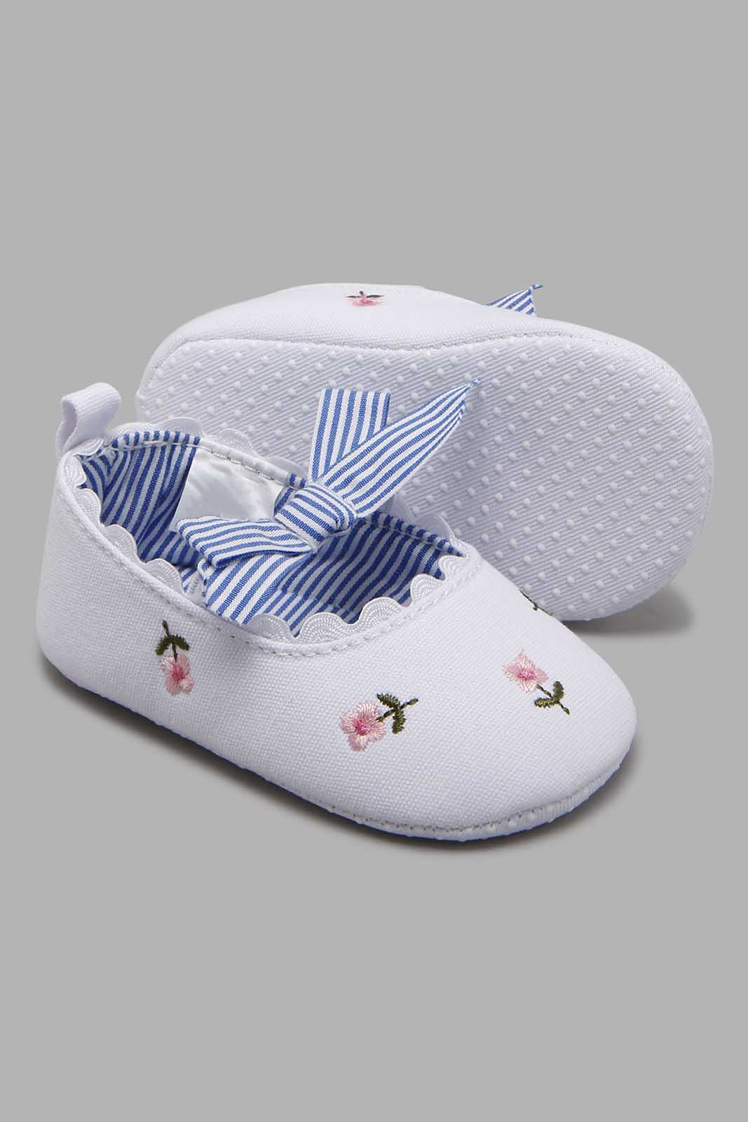 Redtag-White-Pram-Shoe-With-Floral-Print-Pumps-Baby-0 to 18 Months