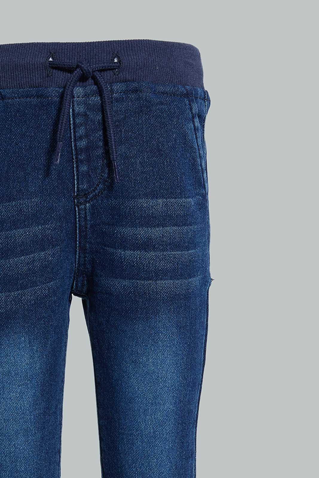Redtag-Dark-Wash-Knit-Denim-With-Striped-Knit-Rib-On-Waist-Band-Colour:Darkwash,-Filter:Infant-Boys-(3-to-24-Mths),-Infant-Boys-Jeans,-New-In,-New-In-INB,-Non-Sale,-Section:Kidswear,-W21B-Infant-Boys-3 to 24 Months