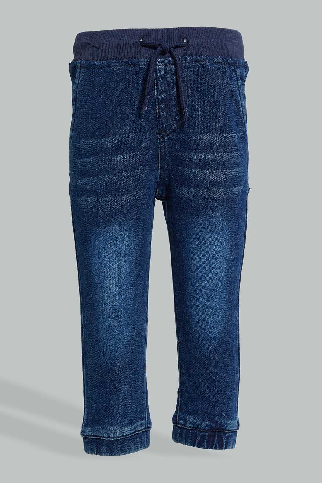 Redtag-Dark-Wash-Knit-Denim-With-Striped-Knit-Rib-On-Waist-Band-Colour:Darkwash,-Filter:Infant-Boys-(3-to-24-Mths),-Infant-Boys-Jeans,-New-In,-New-In-INB,-Non-Sale,-Section:Kidswear,-W21B-Infant-Boys-3 to 24 Months
