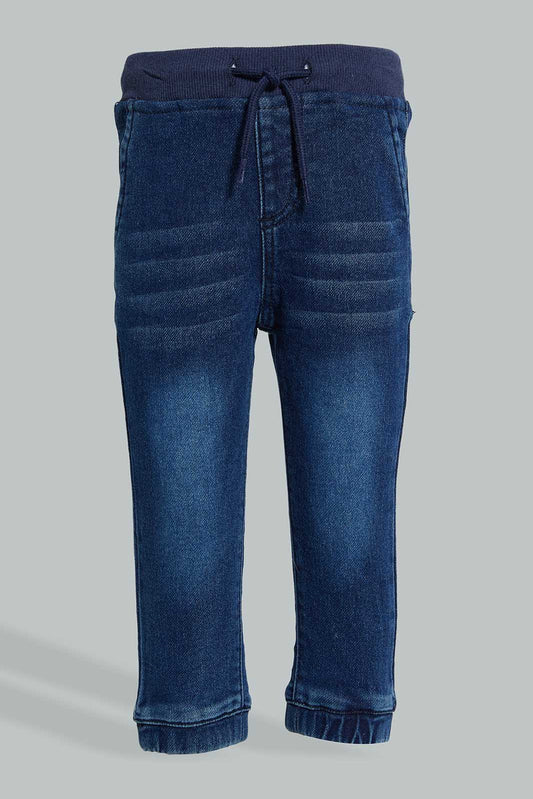 Redtag-Dark-Wash-Knit-Denim-With-Striped-Knit-Rib-On-Waist-Band-Colour:Darkwash,-Filter:Infant-Boys-(3-to-24-Mths),-Infant-Boys-Jeans,-New-In,-New-In-INB,-Non-Sale,-Section:Kidswear,-W21B-Infant-Boys-3 to 24 Months