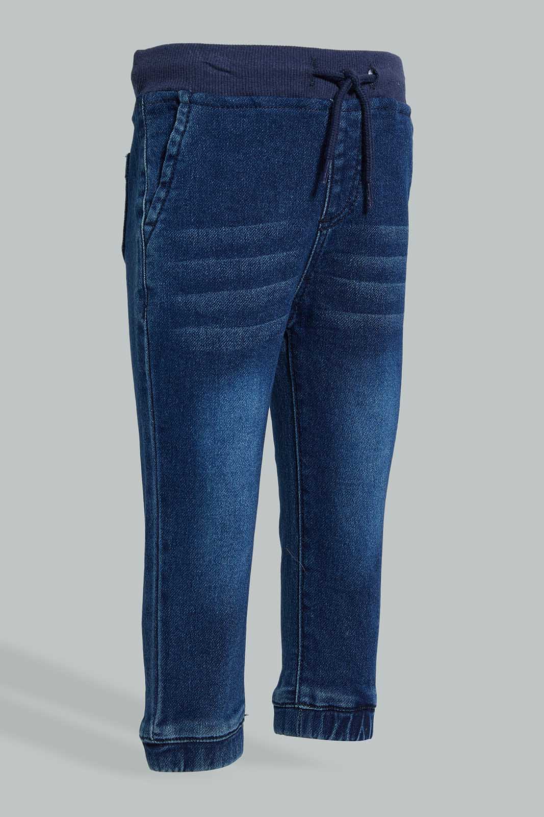Redtag-Dark-Wash-Knit-Denim-With-Striped-Knit-Rib-On-Waist-Band-Colour:Darkwash,-Filter:Infant-Boys-(3-to-24-Mths),-Infant-Boys-Jeans,-New-In,-New-In-INB,-Non-Sale,-Section:Kidswear,-W21B-Infant-Boys-3 to 24 Months