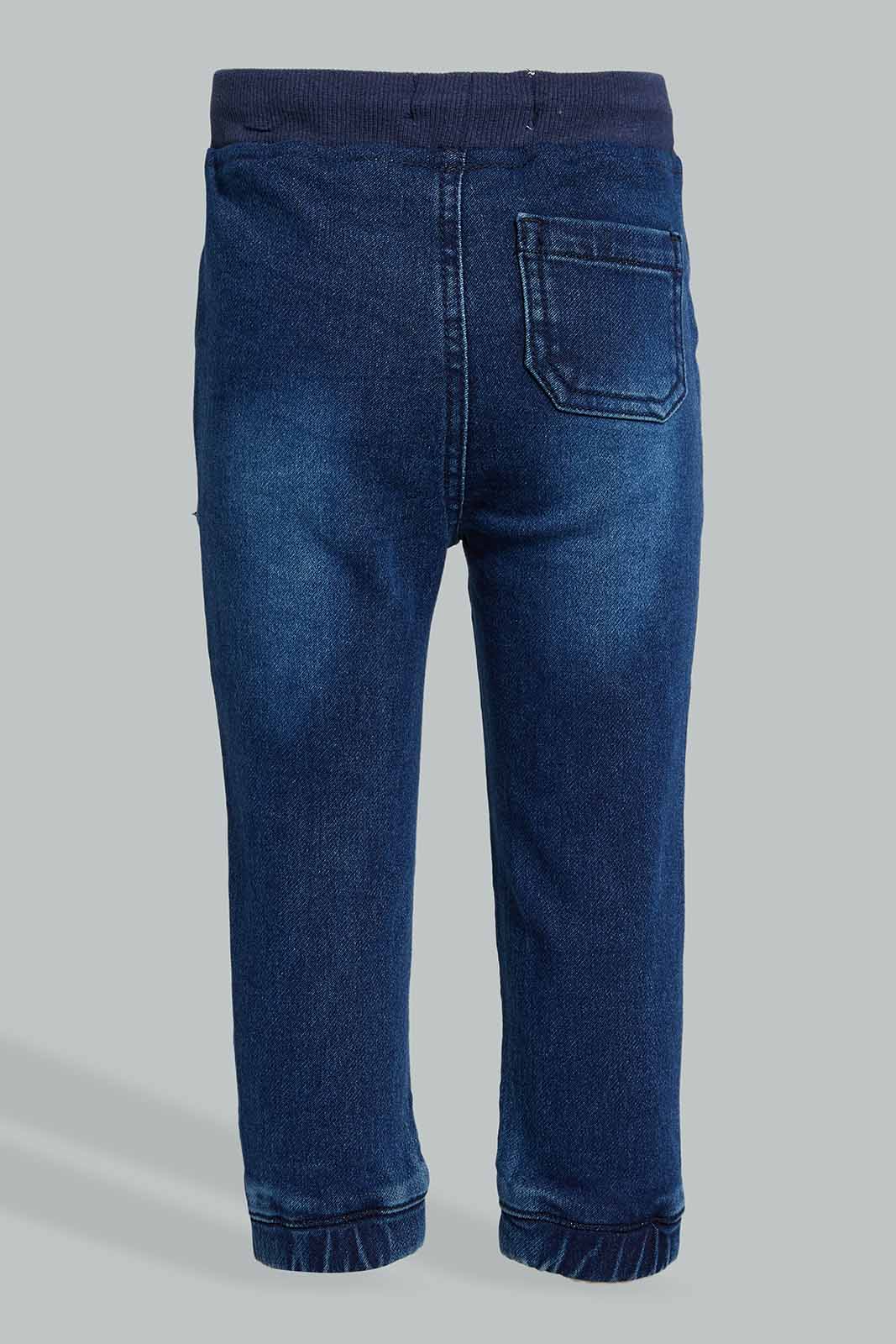 Redtag-Dark-Wash-Knit-Denim-With-Striped-Knit-Rib-On-Waist-Band-Colour:Darkwash,-Filter:Infant-Boys-(3-to-24-Mths),-Infant-Boys-Jeans,-New-In,-New-In-INB,-Non-Sale,-Section:Kidswear,-W21B-Infant-Boys-3 to 24 Months