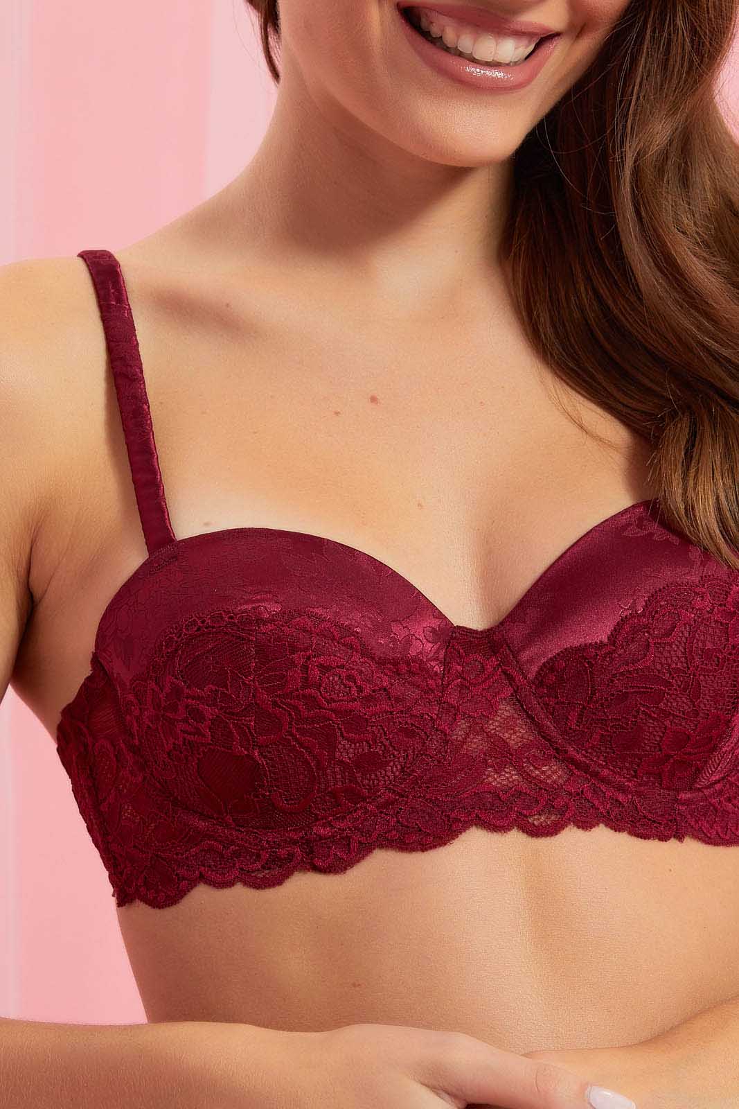 Maroon And Cream Padded Balconette Bra Set (2 Piece)
