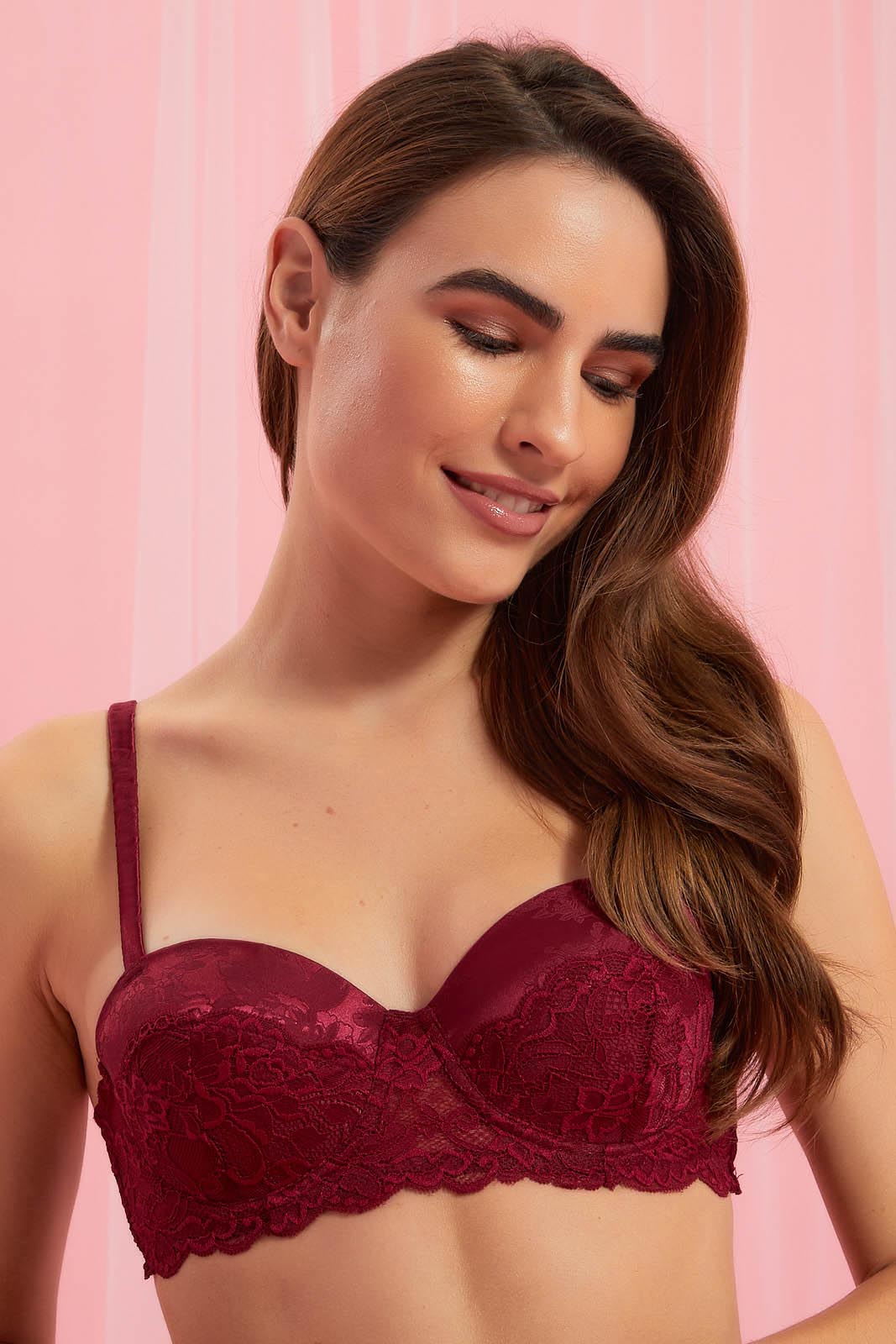 Maroon And Cream Padded Balconette Bra Set (2 Piece)