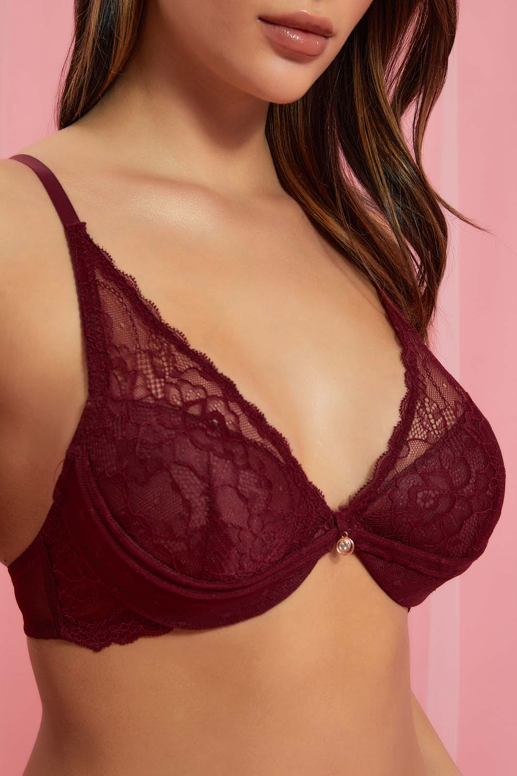 Redtag-Pink/Maroon-Plain-Padded-Plunge-Bra-(2-Pack)-Plunge-Bras-Women's-