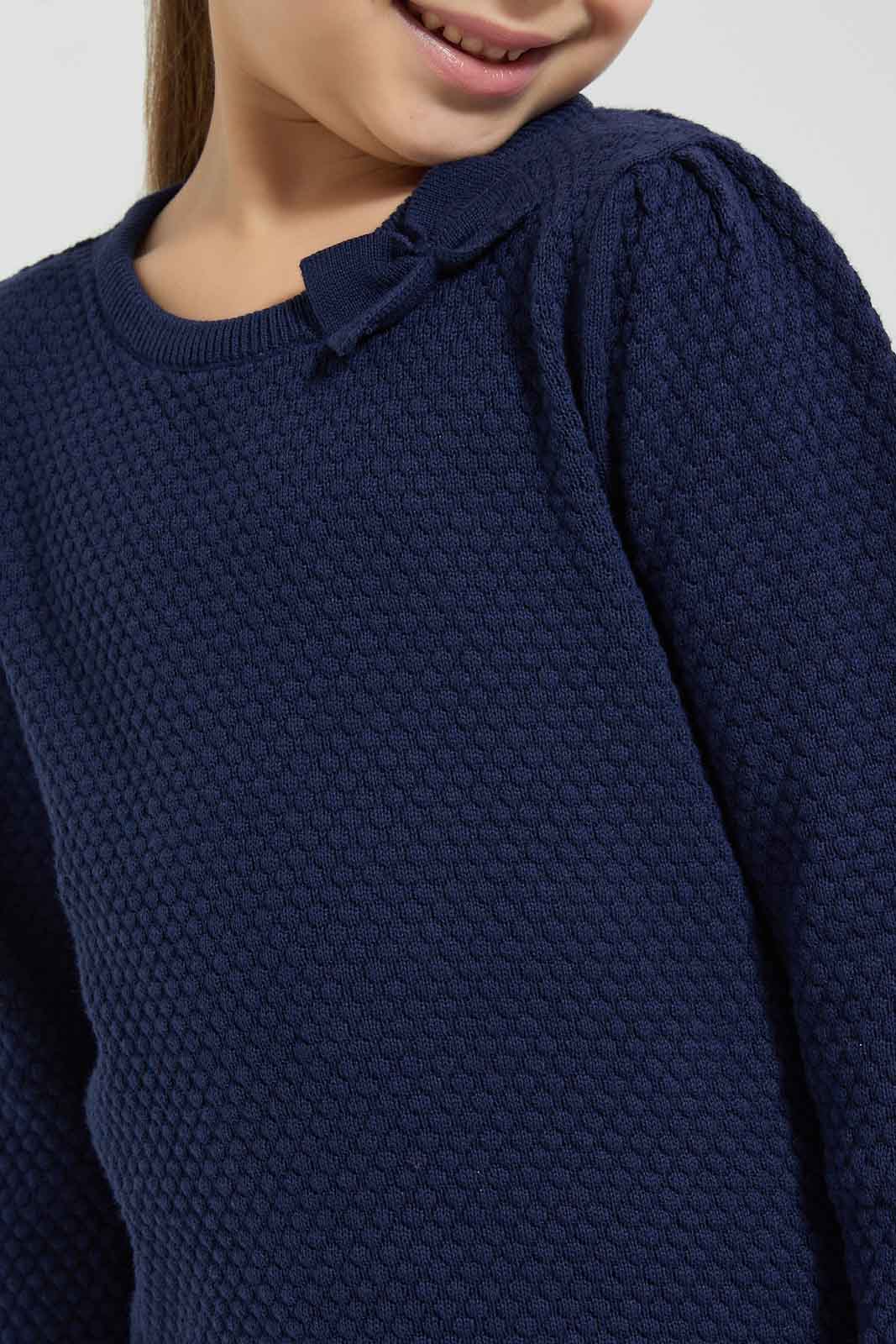 Redtag-Navy-Bow-Applique-Pullover-Colour:Navy,-Filter:Girls-(2-to-8-Yrs),-Girls-Pullovers,-New-In,-New-In-GIR,-Non-Sale,-Section:Kidswear,-TBL,-W21B-Girls-2 to 8 Years