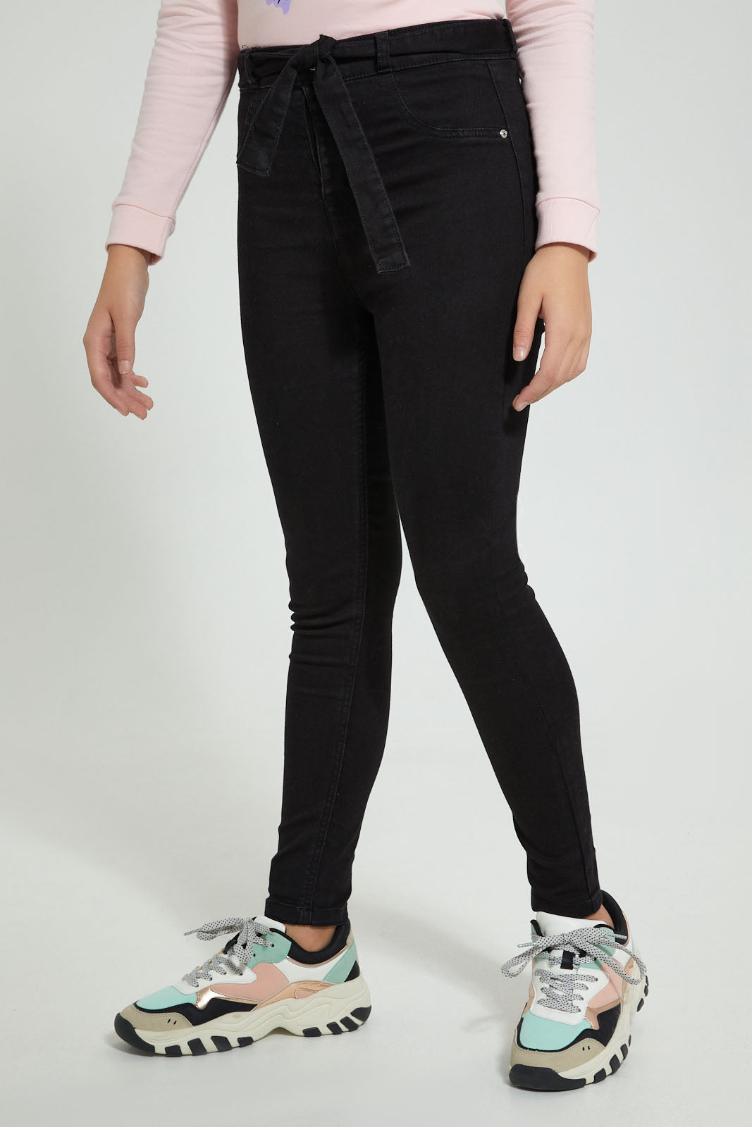 Redtag-Black-Paperbagwaist-Jegging-With-Belt-Jeggings-Senior-Girls-9 to 14 Years