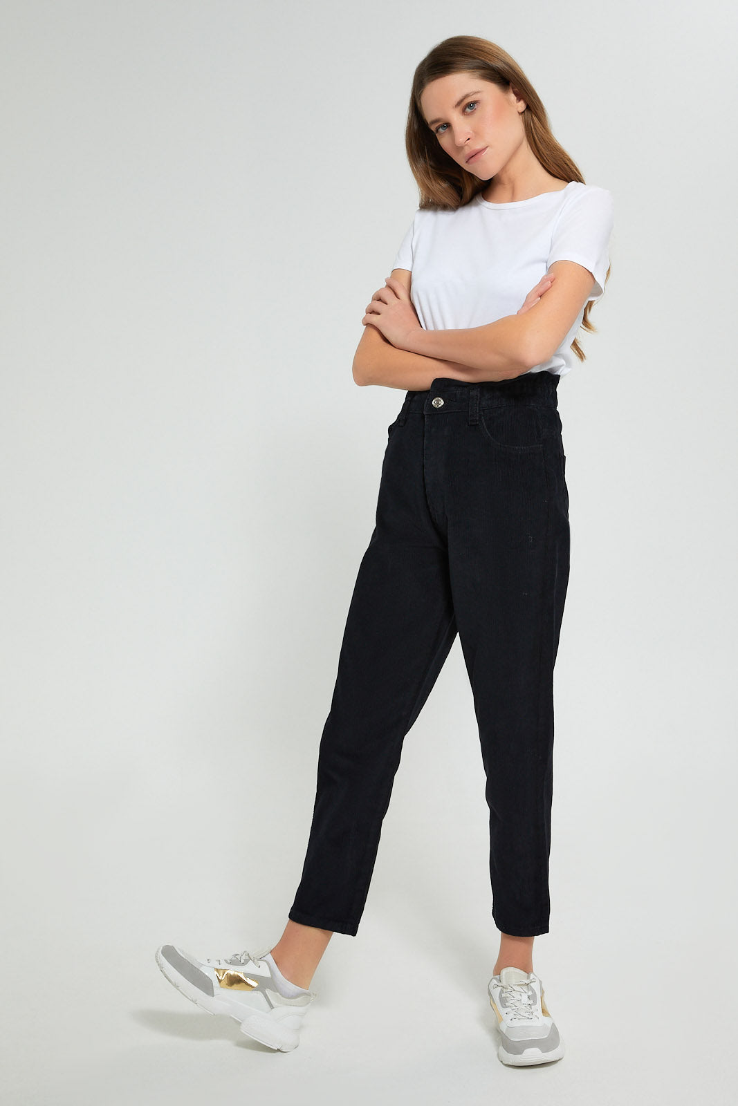 Redtag-Black-Baggy-Fit-Corduroy-Jeans-Women's-