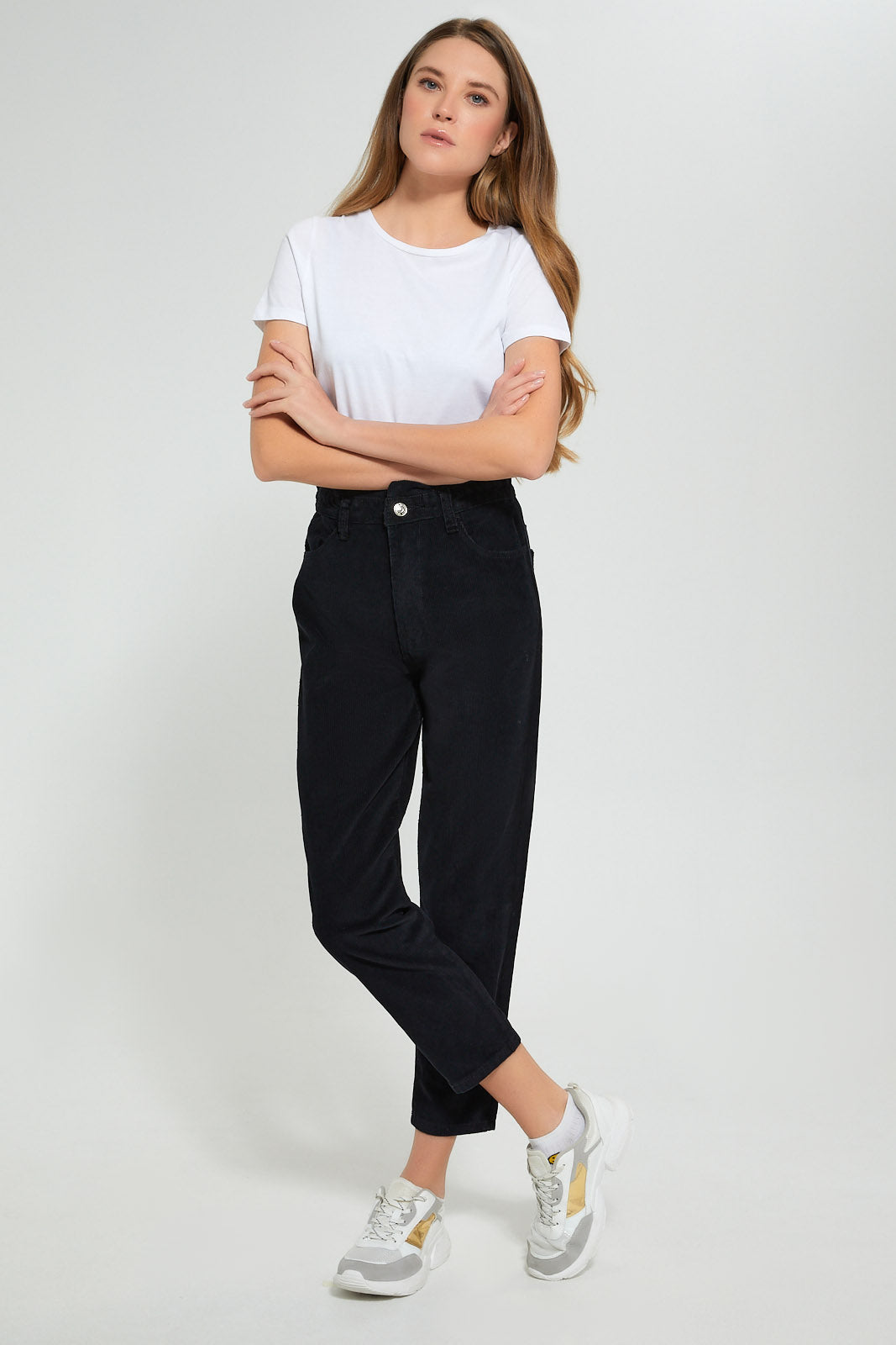 Redtag-Black-Baggy-Fit-Corduroy-Jeans-Women's-