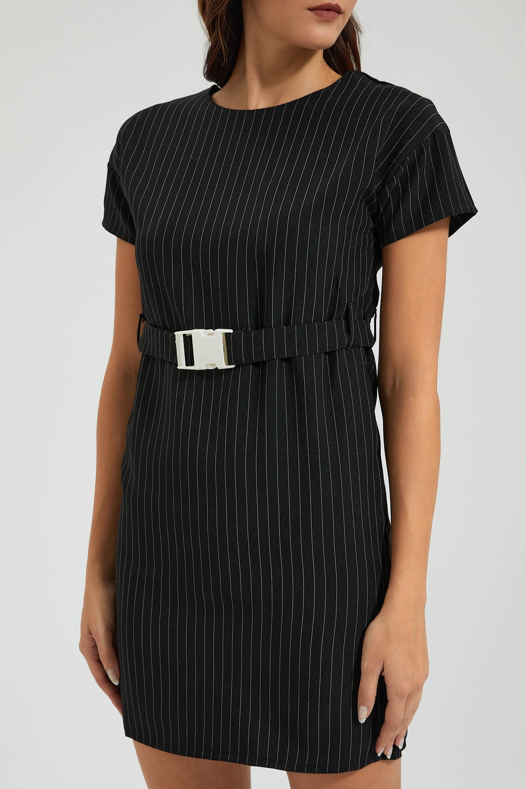 Redtag-Black-Striped-Belted-Short-Dress-Colour:Black,-Filter:Women's-Clothing,-New-In,-New-In-Women,-Non-Sale,-Section:Women,-W21B,-Women-Dresses-Women's-