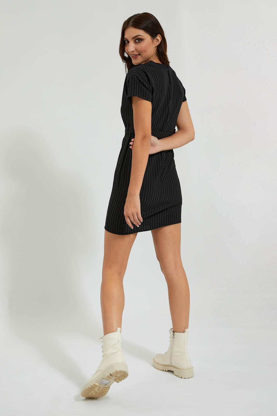 Redtag-Black-Striped-Belted-Short-Dress-Colour:Black,-Filter:Women's-Clothing,-New-In,-New-In-Women,-Non-Sale,-Section:Women,-W21B,-Women-Dresses-Women's-