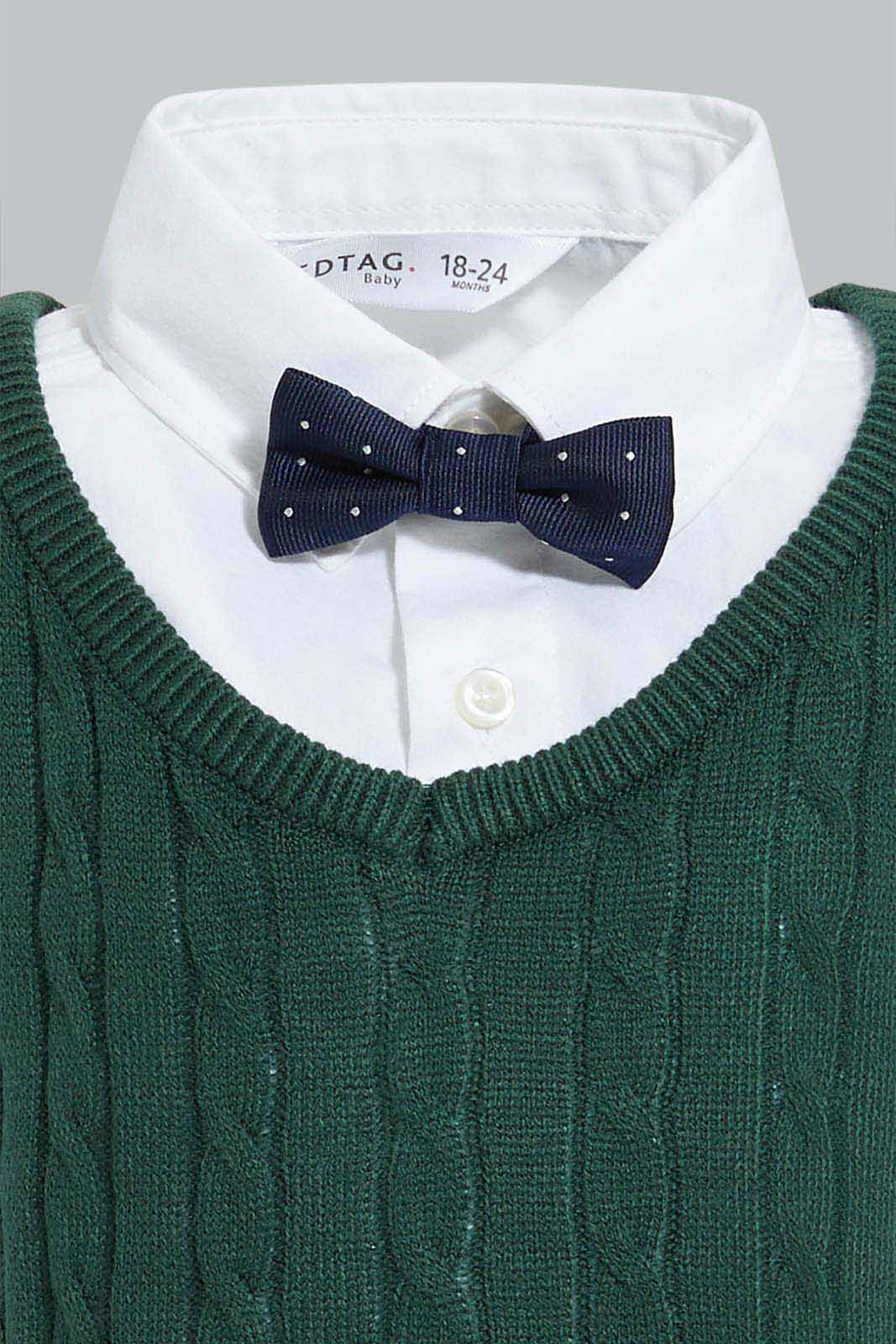 Redtag-Green-Pull-Over-With-Shirt-And-Bow-Casual-Set-Sets-Infant-Boys-3 to 24 Months