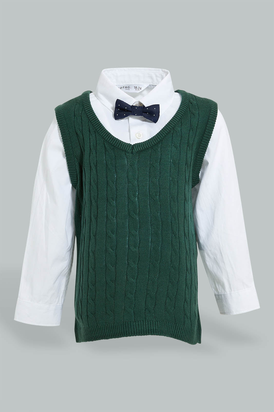 Redtag-Green-Pull-Over-With-Shirt-And-Bow-Casual-Set-Sets-Infant-Boys-3 to 24 Months