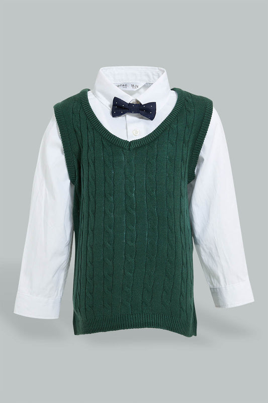 Redtag-Green-Pull-Over-With-Shirt-And-Bow-Casual-Set-Sets-Infant-Boys-3 to 24 Months