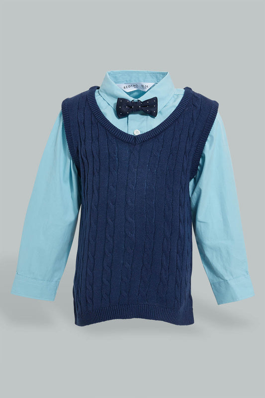 Redtag-Navy-Pull-Over-With-Shirt-And-Bow-Casual-Set-Sets-Infant-Boys-3 to 24 Months