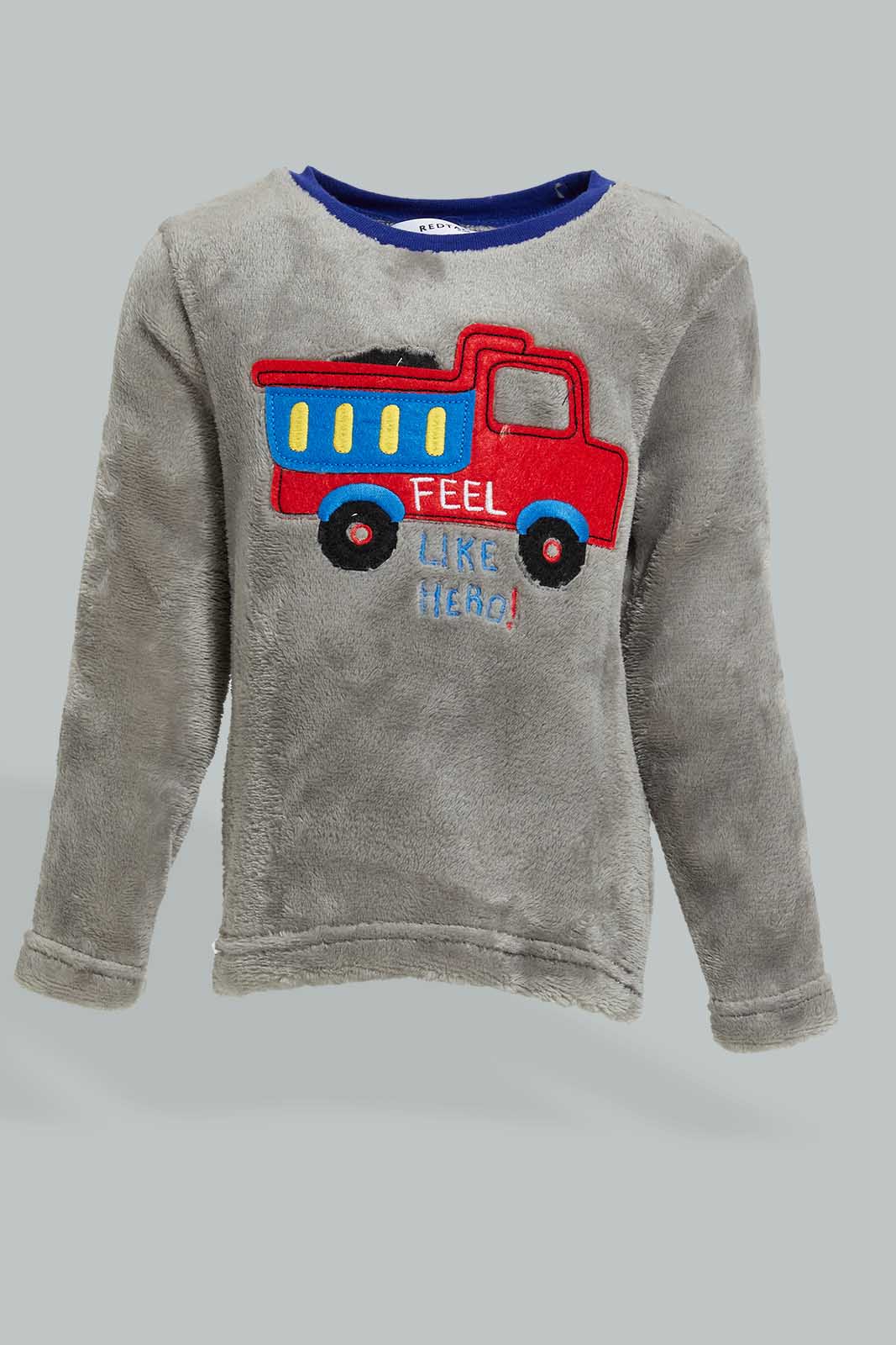 Redtag-Grey-And-Red-Fire-Car-Top-And-Bottom-Fluffy-Pj-Set-(2-Pack)-Colour:Grey,-Filter:Infant-Boys-(3-to-24-Mths),-Infant-Boys-Pyjama-Sets,-New-In,-New-In-INB,-Non-Sale,-Section:Kidswear,-W21B-Infant-Boys-3 to 24 Months