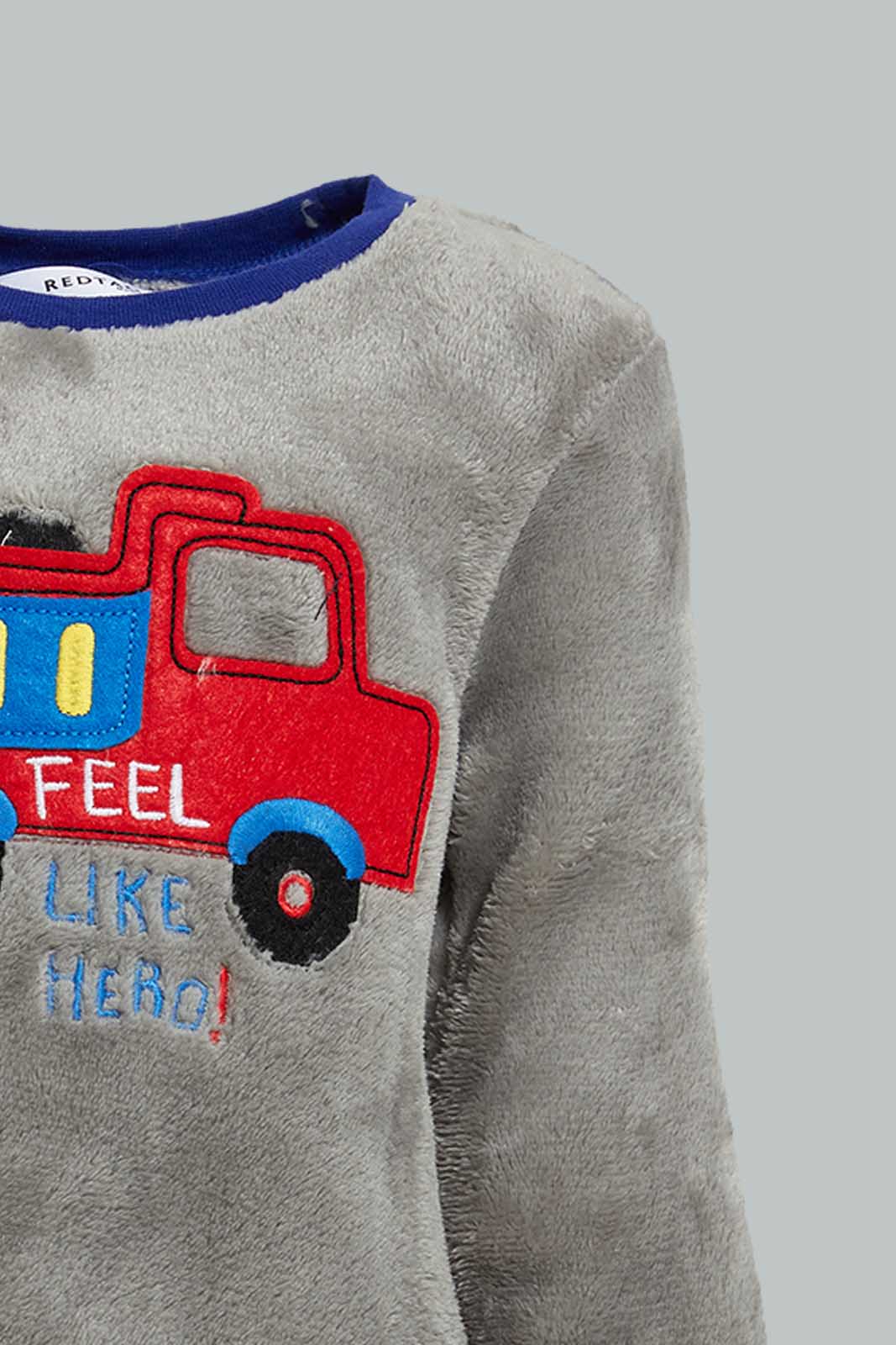 Redtag-Grey-And-Red-Fire-Car-Top-And-Bottom-Fluffy-Pj-Set-(2-Pack)-Colour:Grey,-Filter:Infant-Boys-(3-to-24-Mths),-Infant-Boys-Pyjama-Sets,-New-In,-New-In-INB,-Non-Sale,-Section:Kidswear,-W21B-Infant-Boys-3 to 24 Months