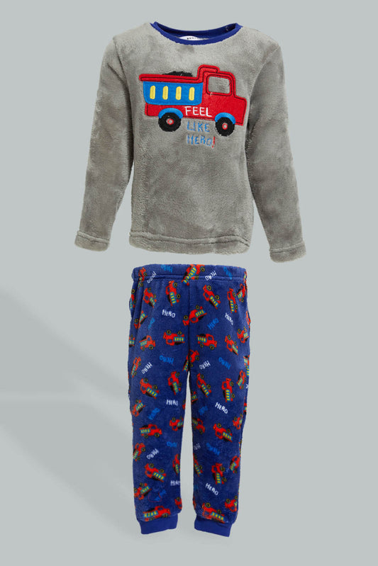 Redtag-Grey-And-Red-Fire-Car-Top-And-Bottom-Fluffy-Pj-Set-(2-Pack)-Colour:Grey,-Filter:Infant-Boys-(3-to-24-Mths),-Infant-Boys-Pyjama-Sets,-New-In,-New-In-INB,-Non-Sale,-Section:Kidswear,-W21B-Infant-Boys-3 to 24 Months