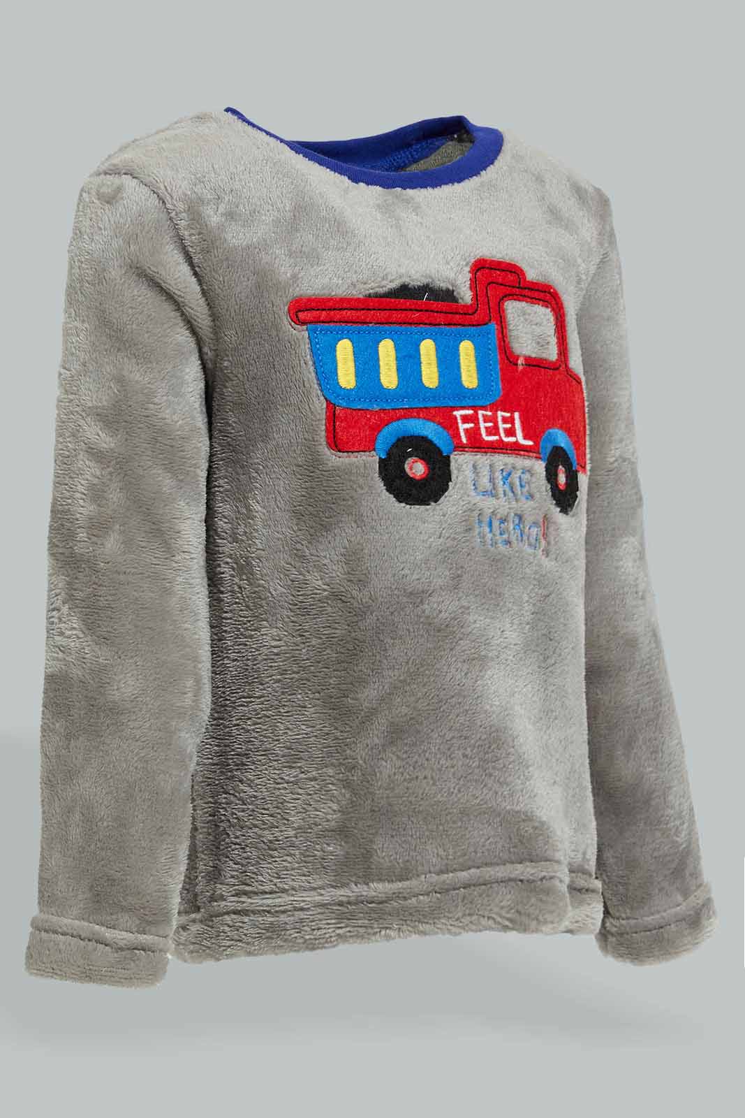 Redtag-Grey-And-Red-Fire-Car-Top-And-Bottom-Fluffy-Pj-Set-(2-Pack)-Colour:Grey,-Filter:Infant-Boys-(3-to-24-Mths),-Infant-Boys-Pyjama-Sets,-New-In,-New-In-INB,-Non-Sale,-Section:Kidswear,-W21B-Infant-Boys-3 to 24 Months
