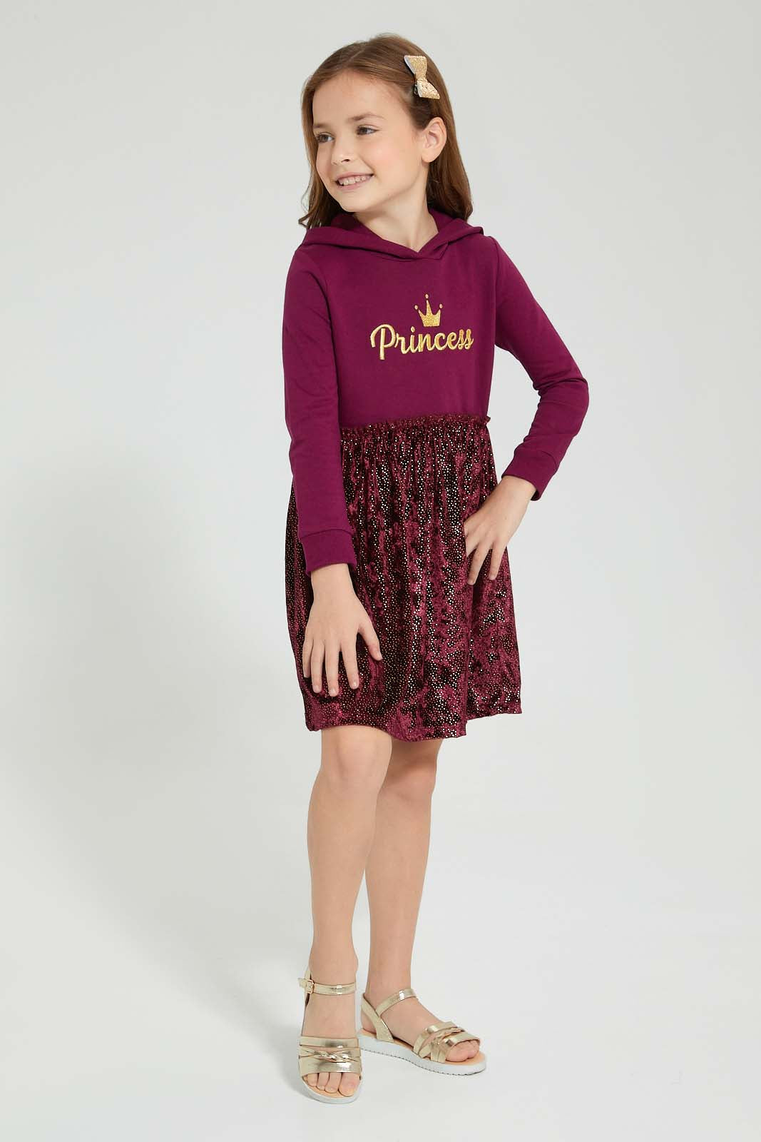 Redtag-Burgundy-Chest-Print-Dress-With-Hair-Accessories-Dresses-Girls-2 to 8 Years