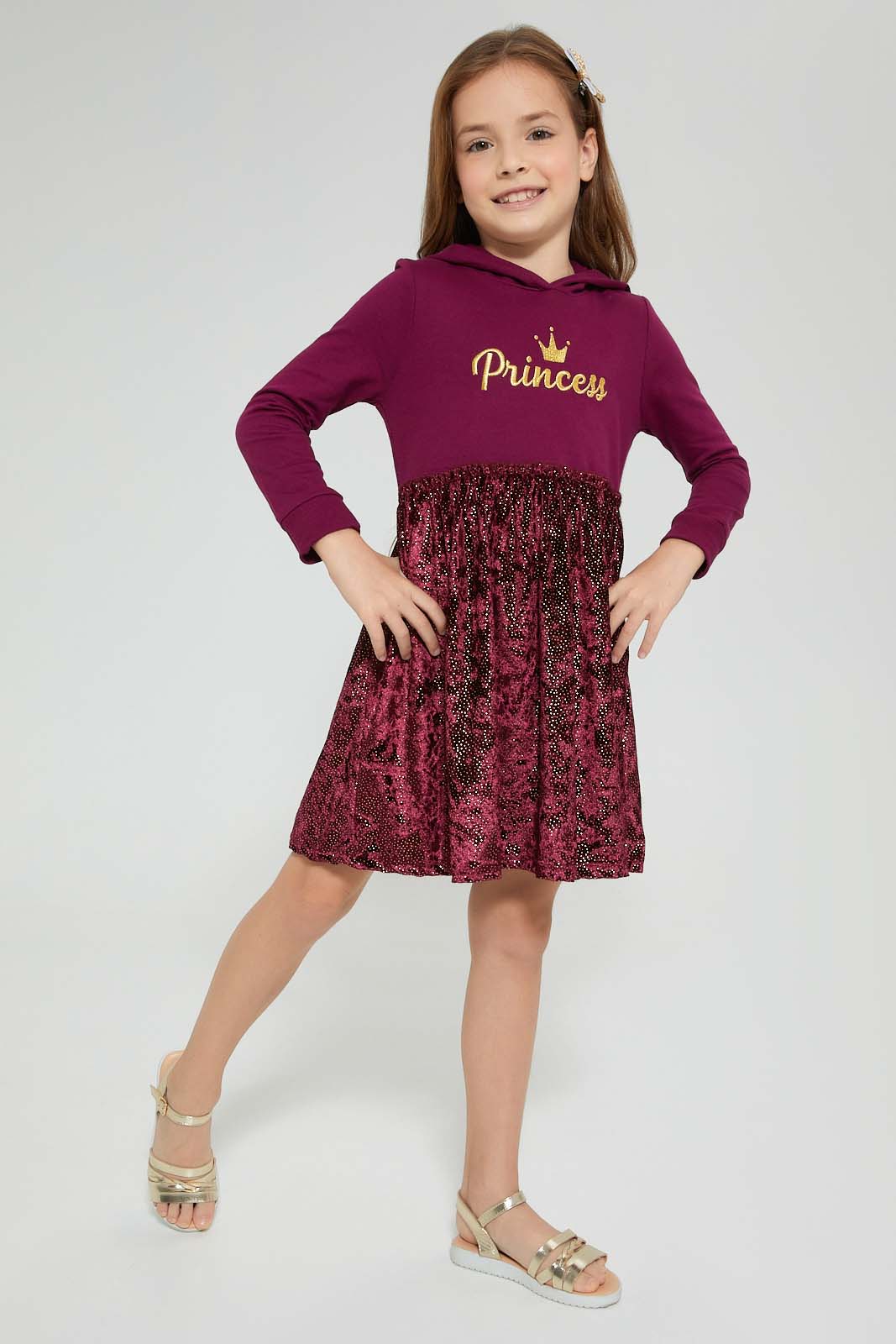 Redtag-Burgundy-Chest-Print-Dress-With-Hair-Accessories-Dresses-Girls-2 to 8 Years