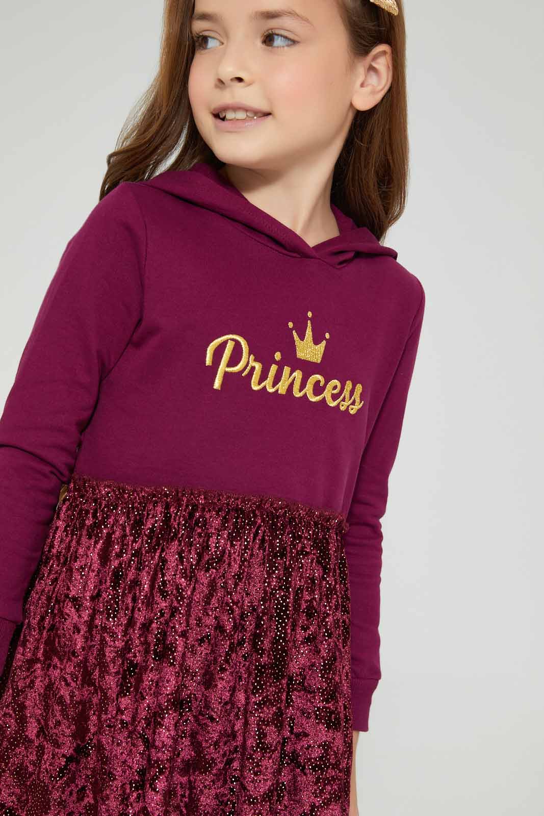 Redtag-Burgundy-Chest-Print-Dress-With-Hair-Accessories-Dresses-Girls-2 to 8 Years
