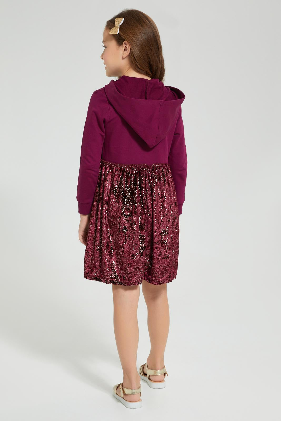 Redtag-Burgundy-Chest-Print-Dress-With-Hair-Accessories-Dresses-Girls-2 to 8 Years