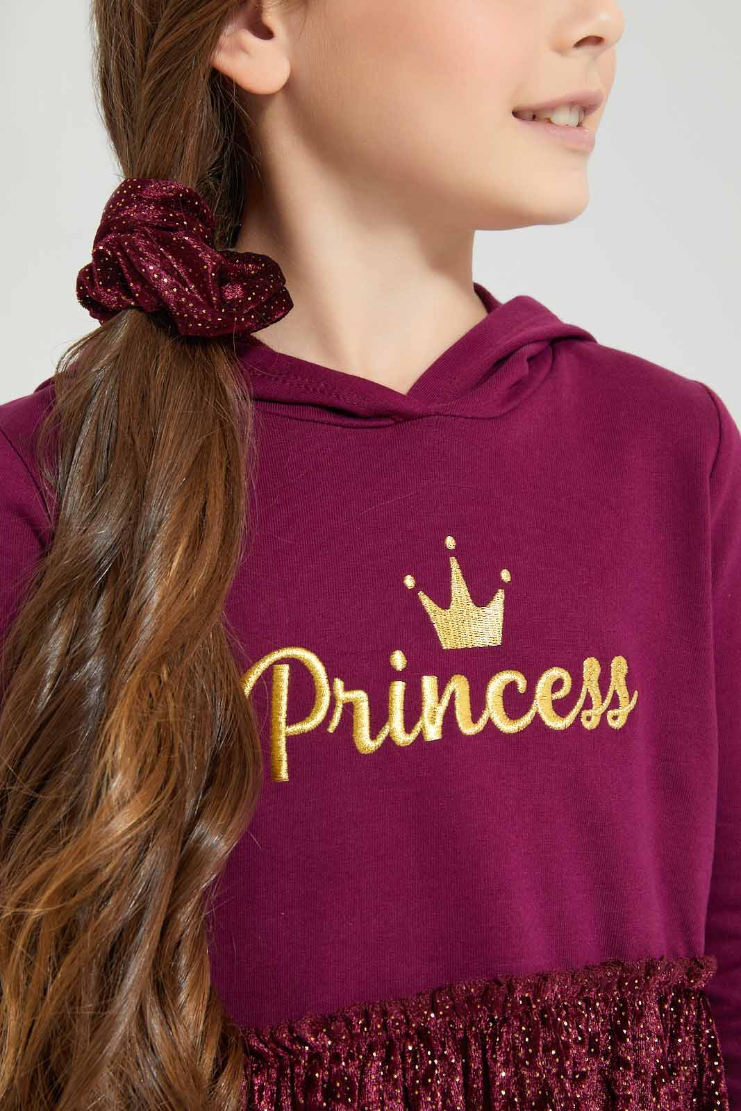 Redtag-Burgundy-Chest-Print-Dress-With-Hair-Accessories-Dresses-Girls-2 to 8 Years