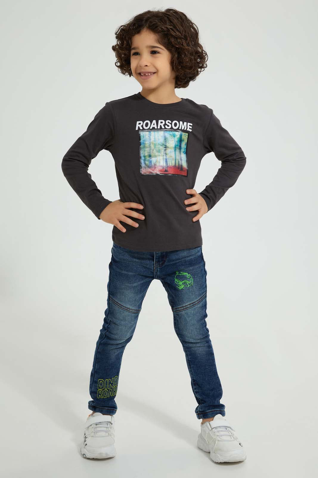 Redtag-Dark-Wash-Dino-Embroidery-5-Pkt-Jean-Jeans-Pull-On-Boys-2 to 8 Years