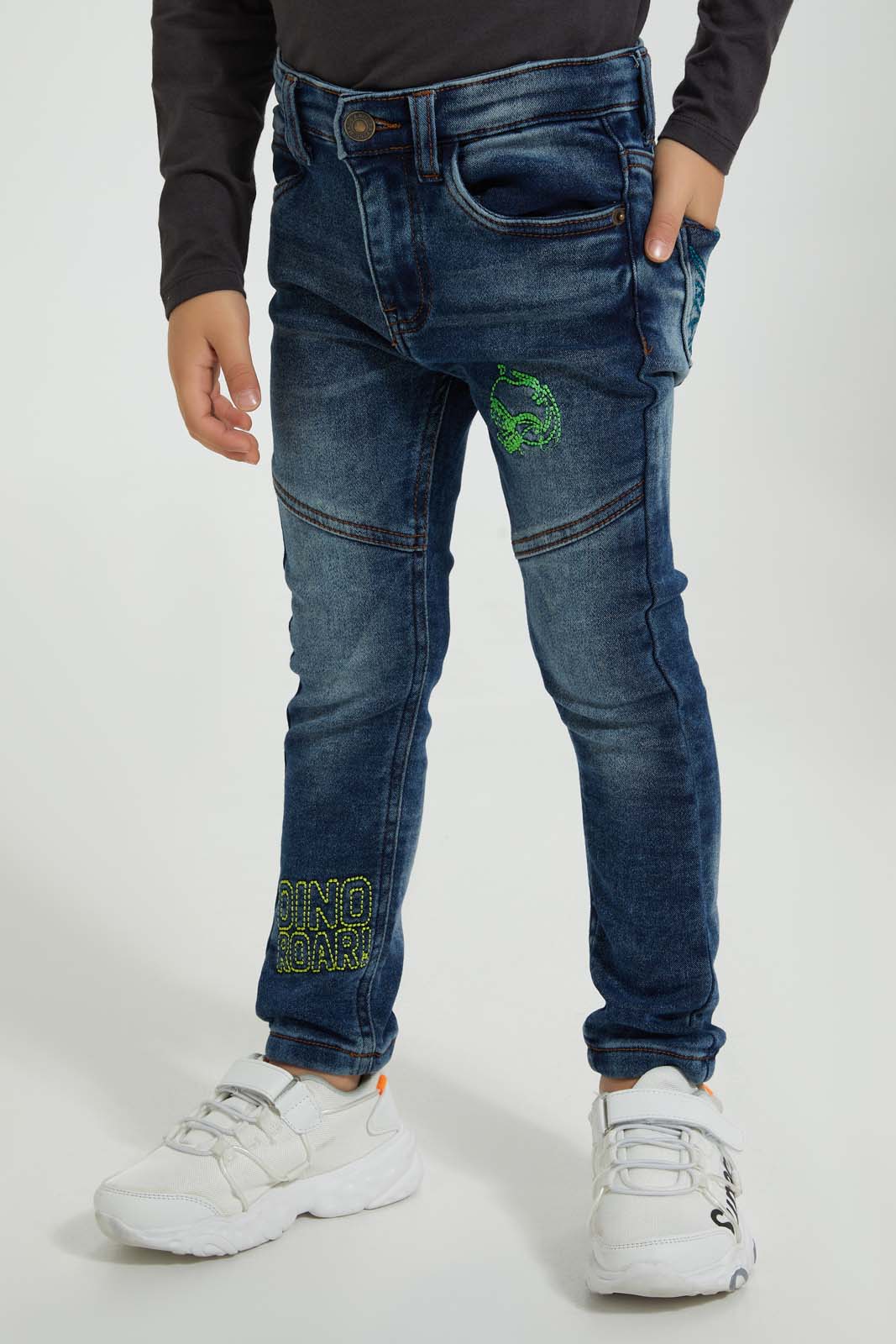 Redtag-Dark-Wash-Dino-Embroidery-5-Pkt-Jean-Jeans-Pull-On-Boys-2 to 8 Years