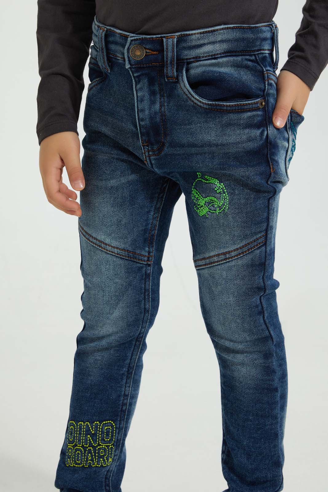 Redtag-Dark-Wash-Dino-Embroidery-5-Pkt-Jean-Jeans-Pull-On-Boys-2 to 8 Years