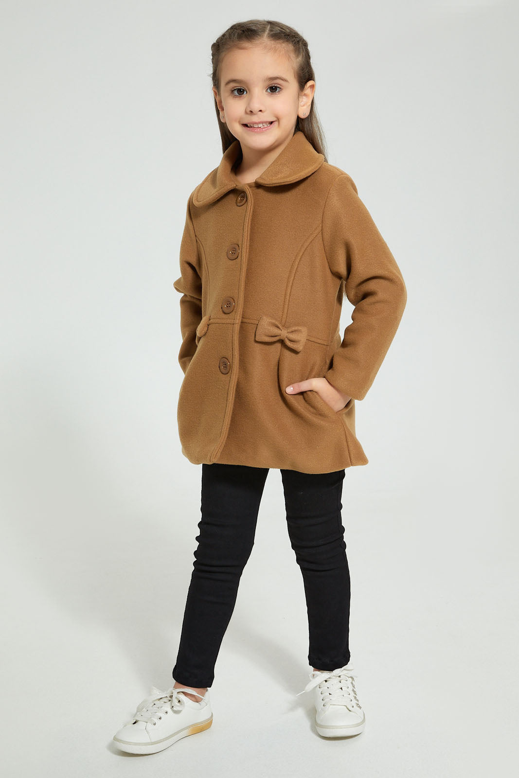 Redtag-Beige-Long-Melton-Jacket-Jackets-Girls-2 to 8 Years