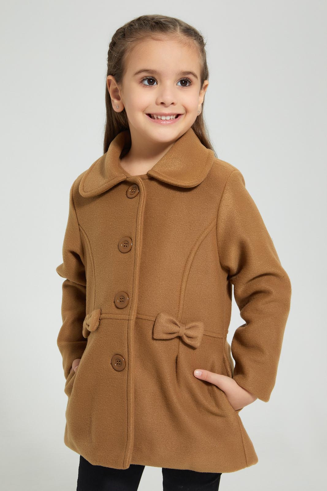 Redtag-Beige-Long-Melton-Jacket-Jackets-Girls-2 to 8 Years
