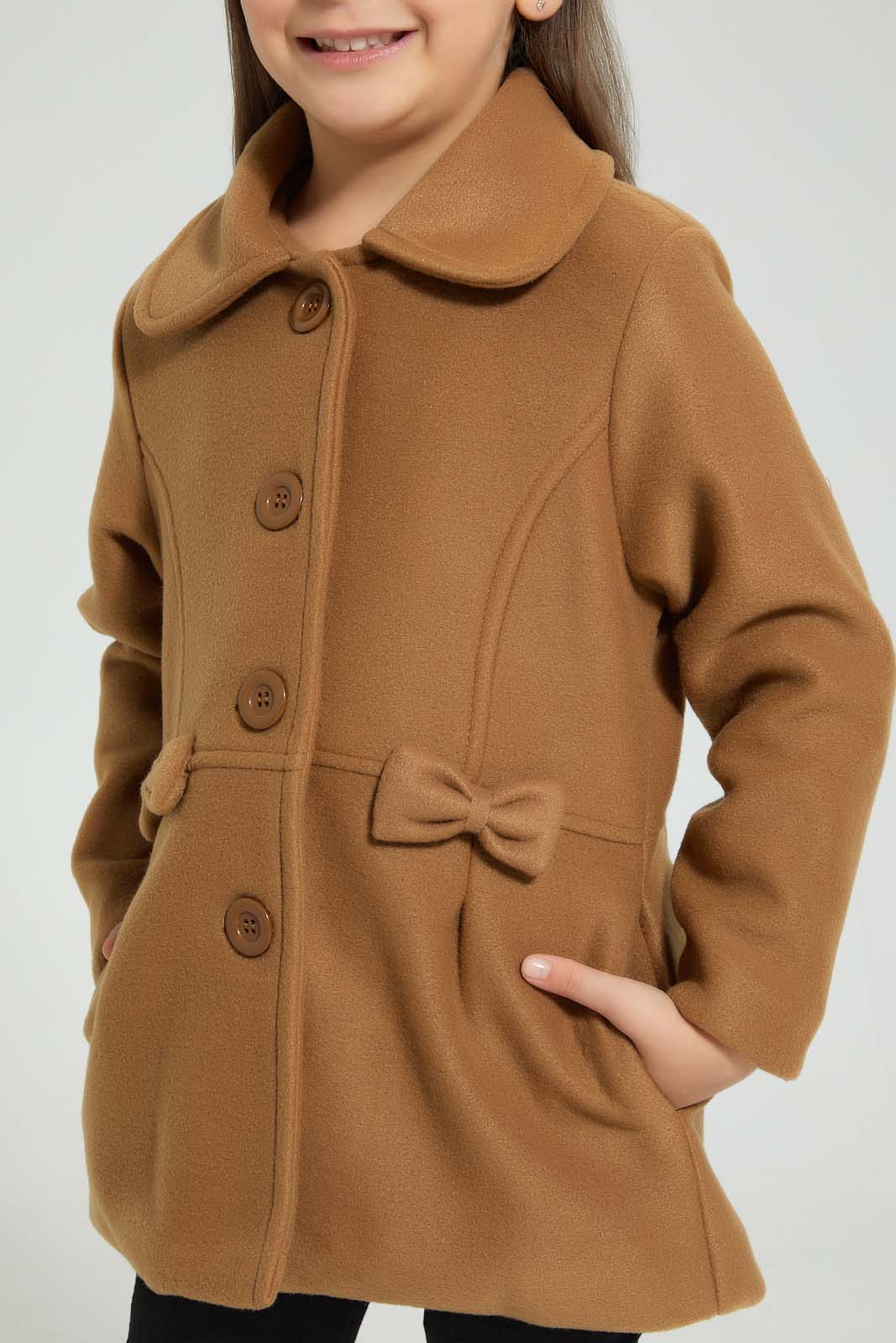 Redtag-Beige-Long-Melton-Jacket-Jackets-Girls-2 to 8 Years