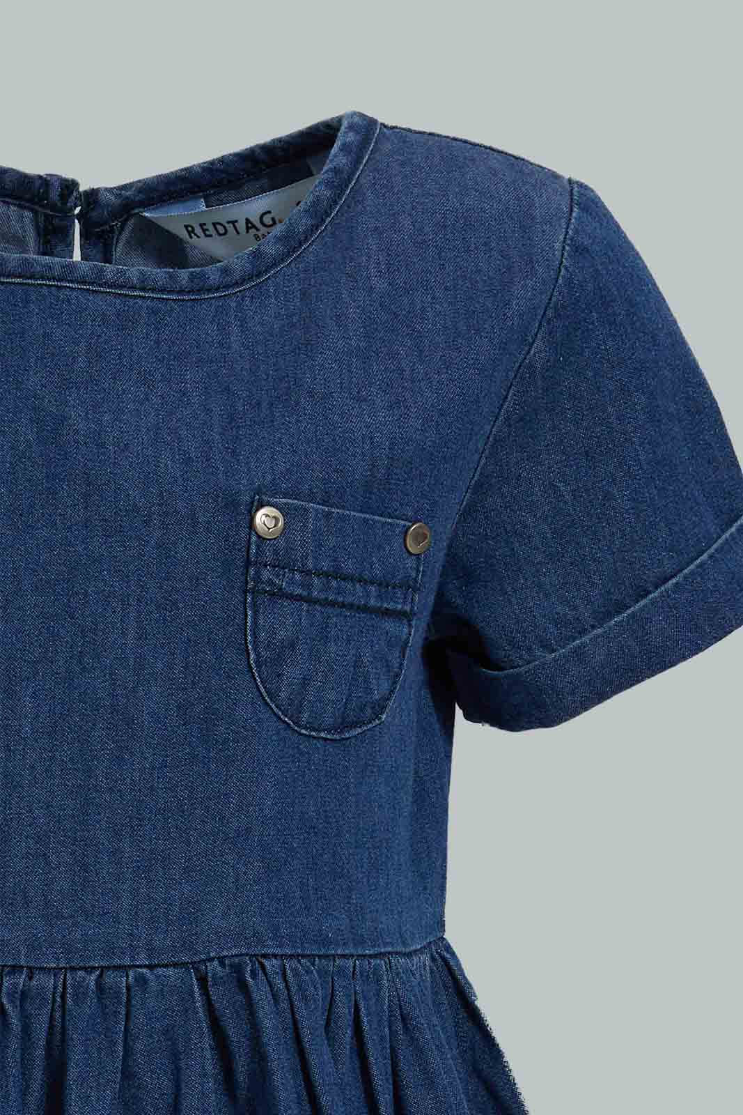 Redtag-Ing-Pocket-Detailed-Denim-Dress-Dresses-Infant-Girls-3 to 24 Months