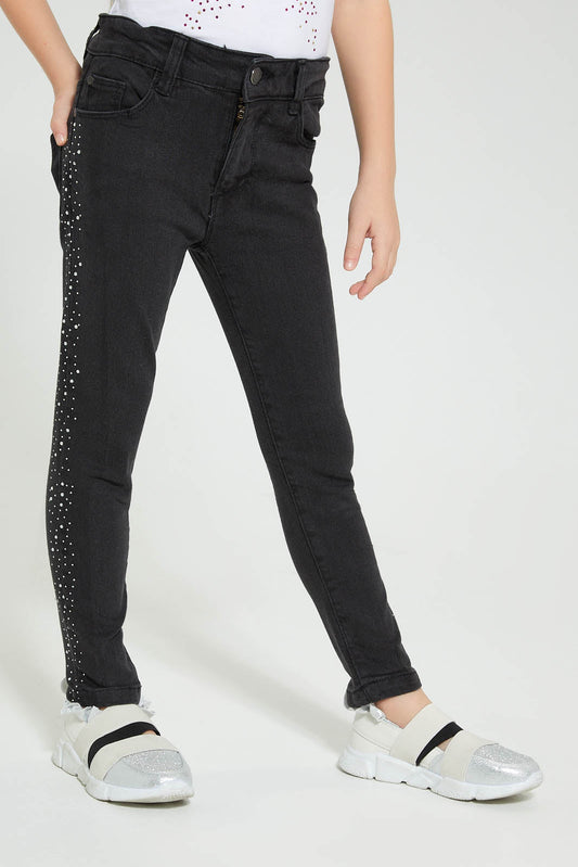 Redtag-Black-Jean-With-Studs-Jeans-Slim-Fit-Girls-2 to 8 Years