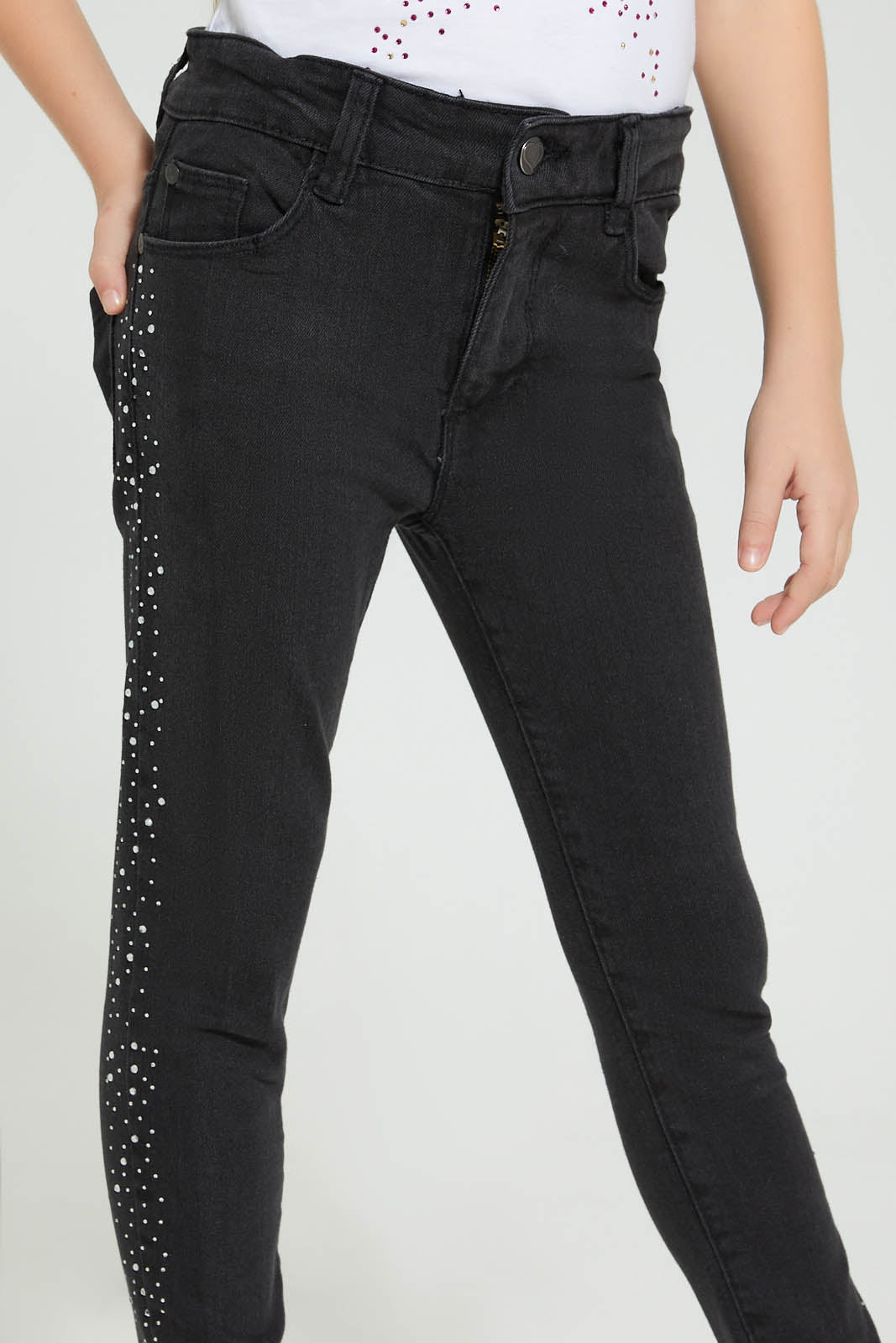 Redtag-Black-Jean-With-Studs-Jeans-Slim-Fit-Girls-2 to 8 Years