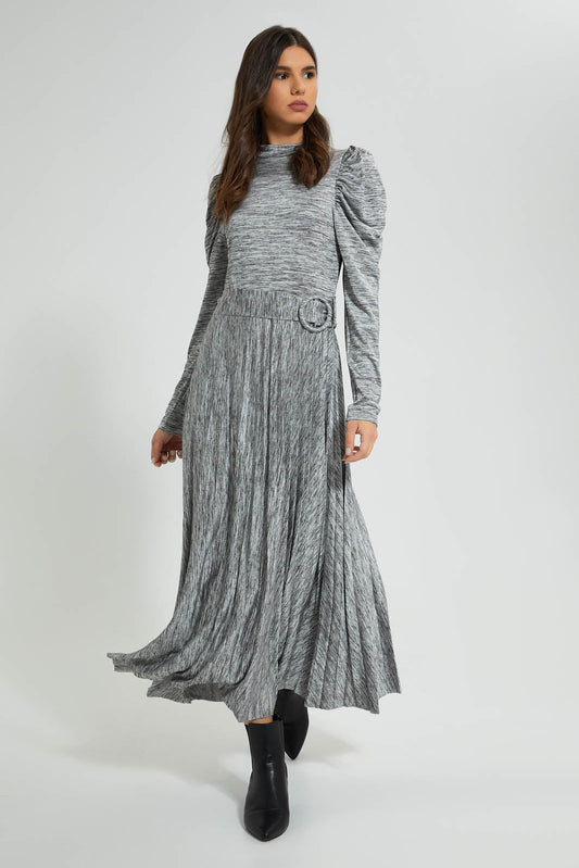 Redtag-Grey-Belted-Pleated-Skirt-Midi-Dress-Dresses-Women's-
